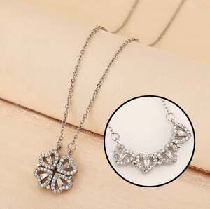 Magnetic Four Leaf Clover Heart Folding Necklace with AAA Cubic Zirconia